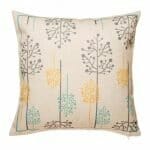 cushion with Teal Yellow and Grey Blossom pattern.