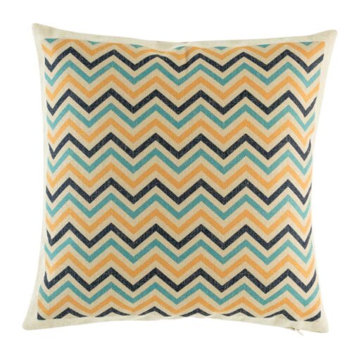 cushion cover with Teal Yellow and Navy Chevron pattern.