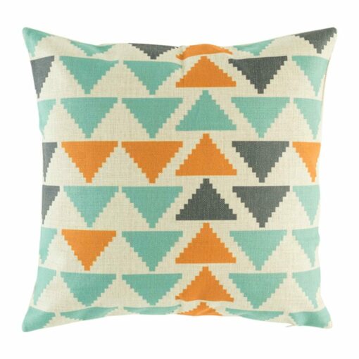 cushion with Teal Navy and Mustard Triangle pattern.