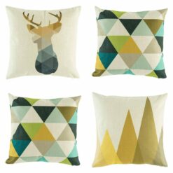a pair of blue tones geometric cushion cover, one geometric stag and gold cones cushion cover.