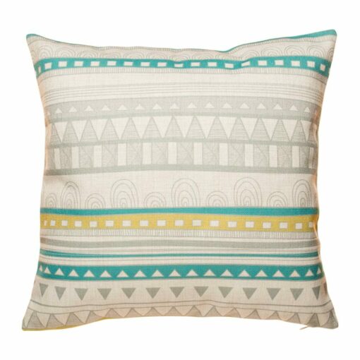 cushion cover with Grey and Teal Aztec pattern.
