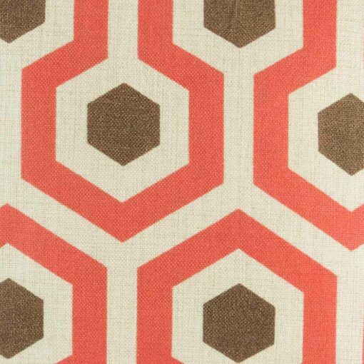 closer look at cushion cover with Red and Brown Ogee pattern.