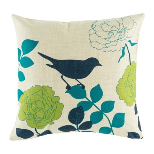 cushion with Teal and Black Bird pattern.