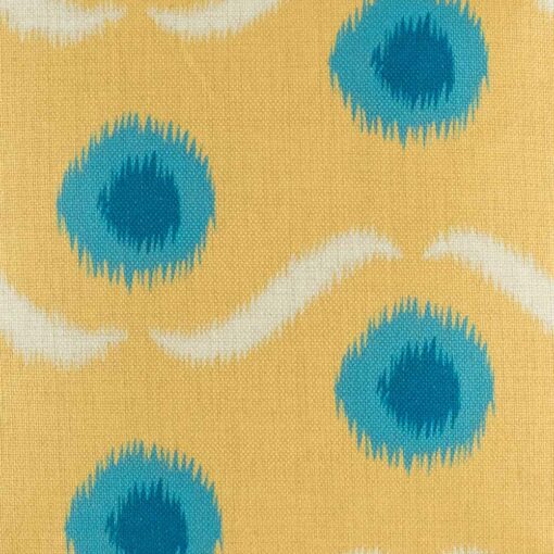 closer look at cushion with Blue Circle and Yellow pattern.