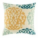 cushion cover with Mustard and Blue Tones Ikat pattern.