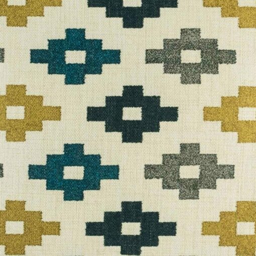 closer look at cushion with Gold and Blue Kilim pattern.