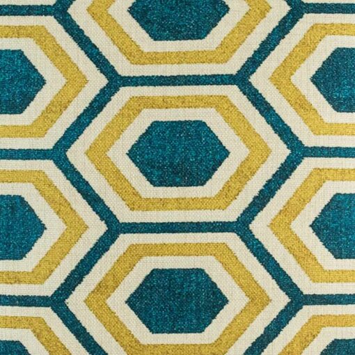 closer look at cushion cover with Blue and Gold Hexagon pattern.
