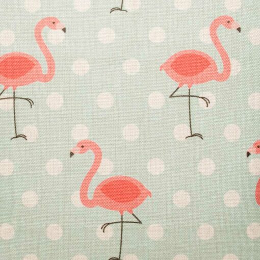 closer look at cushion cover with Pink Flamingo and Polka pattern.