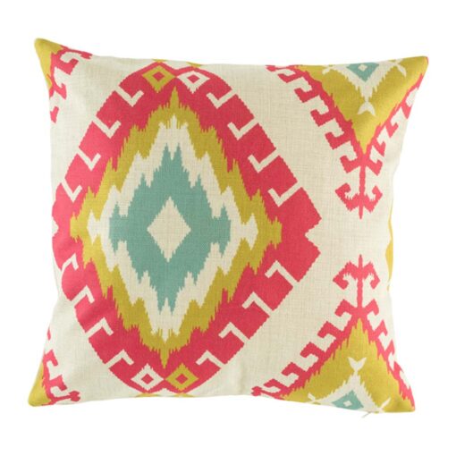 cushion cover with Red Yellow and Teal Ikat pattern.