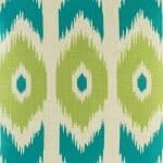 closer look at cushion cover with Turquoise and Lime Ikat pattern.