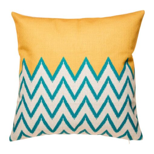 cushion cover with Mustard and Blue Chevron pattern.