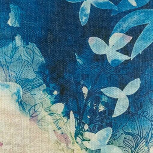 closer look at cushion cover with Blue Whimsical Blossom pattern.