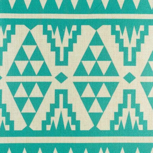 closer look at cushion with Teal Tribal pattern.