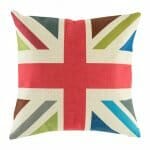 cushion with Red Blue Green Union Jack pattern.