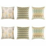 6 cushion cover in pastel colours with plant,chevron and aztec patterns.