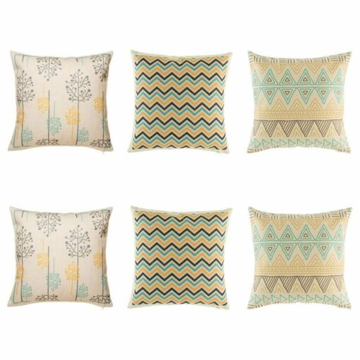 6 cushion cover in pastel colours with plant,chevron and aztec patterns.