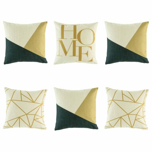 3 tri colour cushion cover, 2 geometric pattern and one "HOME" print in colours navy and gold.