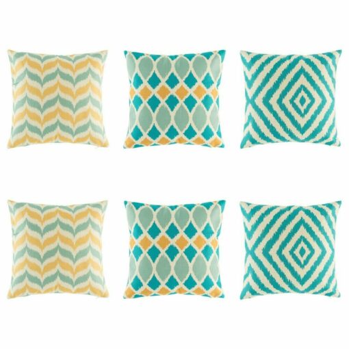 6 cushion in colours yellow and teal with chevron and diamond patterns.
