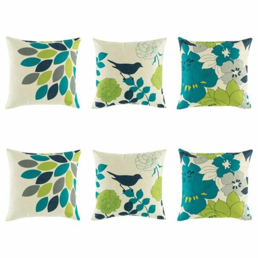 3 pairs of Teal Patterned Cushion Cover with flower,fern,bird patterns.