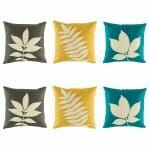 6 cushion cover with white fern print in grey,yellow and blue colours.