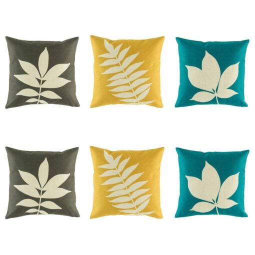 6 cushion cover with white fern print in grey,yellow and blue colours.