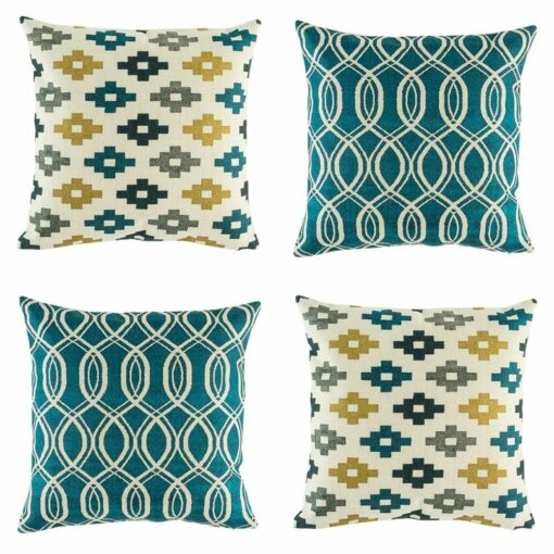 a pair of kilim pattern cushion cover and white and blue spiral pattern cushion.