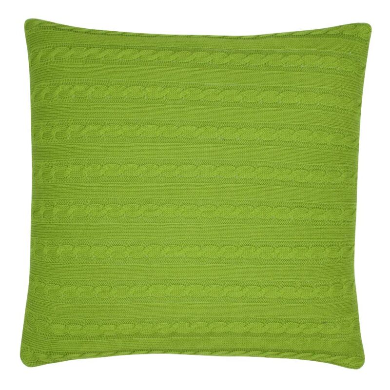 back side view of the cable knit cushion in lime green.