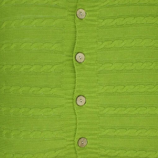 close up of the front side of a buttoned cable knit cushion cover.