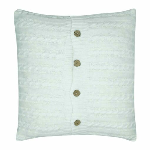 one cable knit fabric cushion cover with buttons in white colour.