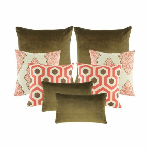 Two brown cushion cover, a pair of red and white Moroccan inspired pattern cushion, two red and brown patterned cushion cover, and two rectangular cushion cover in brown.