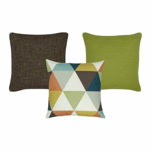 plain brown cushion, plain lime green cushion and a patterned cushion with triangles