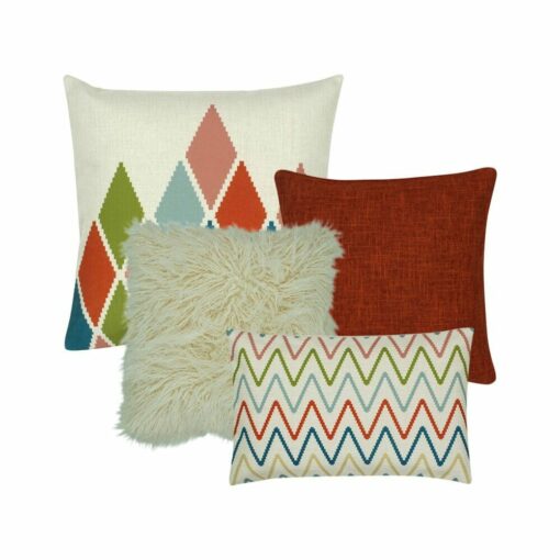 One diamond design cushion cover, one plain red and one white fur cushion cover and one rectangular zigzag pattern cushion cover.