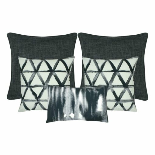 A pair of patterned cushion, two grey cushion and one rectangular cushion in grey.