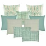 A pair of arrow design cushion cover, a pair of teal cushion cover, a pair of cable knit design cushion cover, three plaid design cushion cover in square and rectangular shapes.