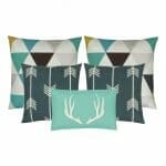 2 patterned cushion cover in teal grey and brown, a pair of grey and white arrow cushion cover and 1 rectangular cushion with antlers design