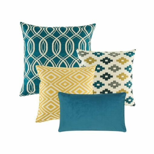 Three multi patterned cushion cover in blue and gold colours with spiral and diamond designs and one plain rectangular cushion in blue.