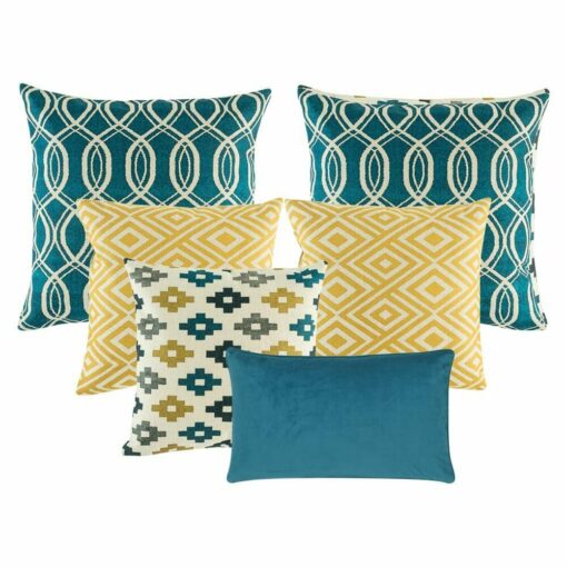 Three multi patterned cushion cover with diamond and spiral designs in blue and gold colours and one plain blue rectangular cushion cover.