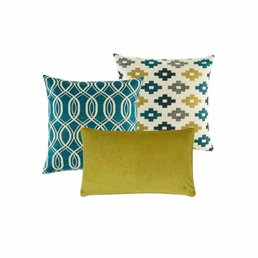 Two patterned cushion cover with diamond, plain rectangular and spiral designs in blue and yellow colours.