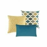 Two patterned cushion in blue and yellow colours with plain and diamond designs.