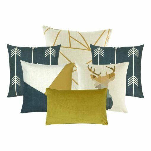 one moose printed square cushion cover, two grey and white arrow printed cushion cover, gold and white with linear design cushion, grey, a gold and white printed cushion one rectangular cushion.