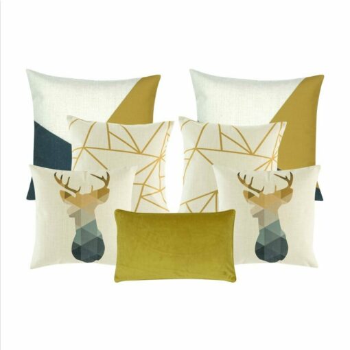 a pair of moose printed square cushion, a pair of gold and white with linear design cushion, a pair of grey, gold and white printed cushion and one rectangular cushion.