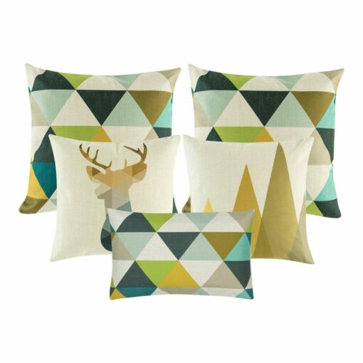 1 moose printed square cushion, two patterned cushion in gold, black and grey, and one rectangular cushion with triangular design