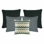 2 cushion in dark grey, 2 cushion in light grey and 1 patterned grey cushion