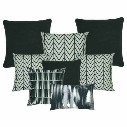 Three pieces of plain black cushion cover, 3 black and white cushion cover with chevron patterns, 1 black and white cusion cover, and one rectangular cushion in black and white