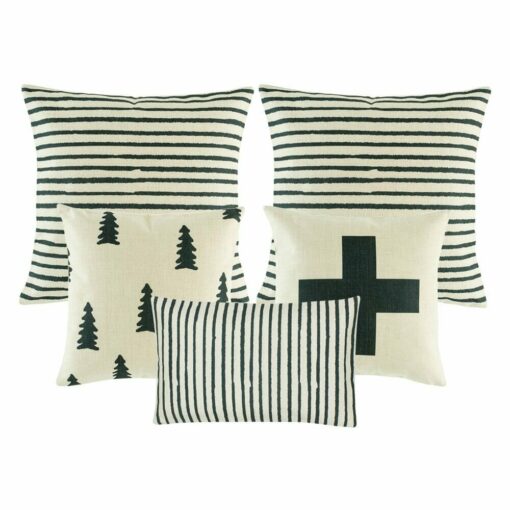 one rectangular cushion cover, one black and white with big cross cushion cover, one pine tree printed cushion, two cushion with black and white stripes