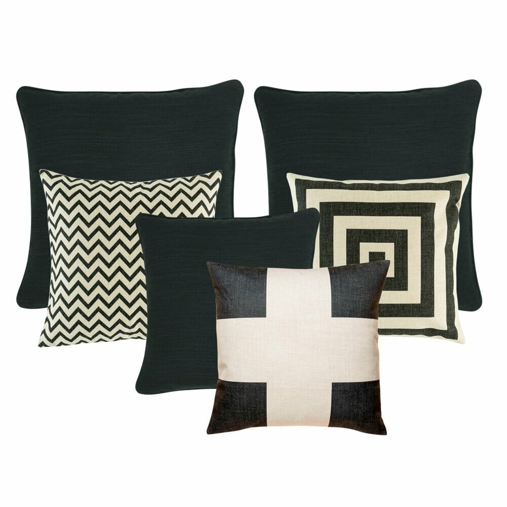 Three pieces of plain black cushion cover, a chevron patterned cushion cover, one black and white cross cushion cover and one black and white cushion cover with square designs