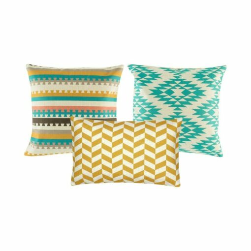 Three multi patterned cushion cover with geometric designs in teal and gold colours