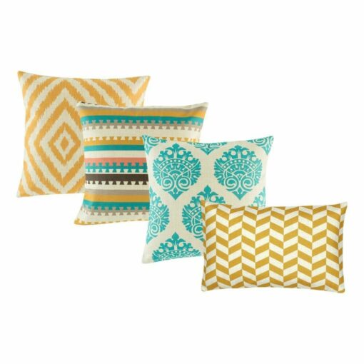 4 multi patterned cushion covers with diamond, aztec and chevron designs in yellow and teal colours.