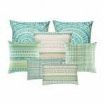 5 pieces teal and white square cushion with multiple patterns and 2 rectangular cushion