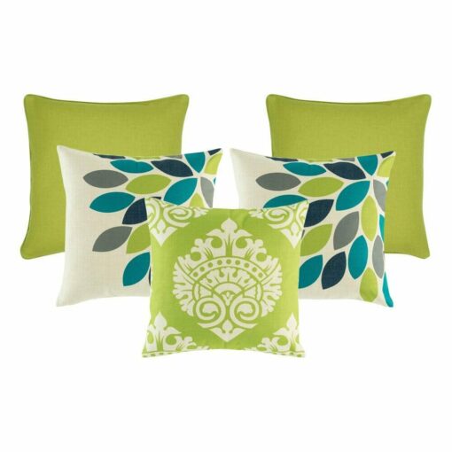 A pair of lime coloured cushion , a pair of teal, grey and lime patterned cushion , and one lime and white cushion